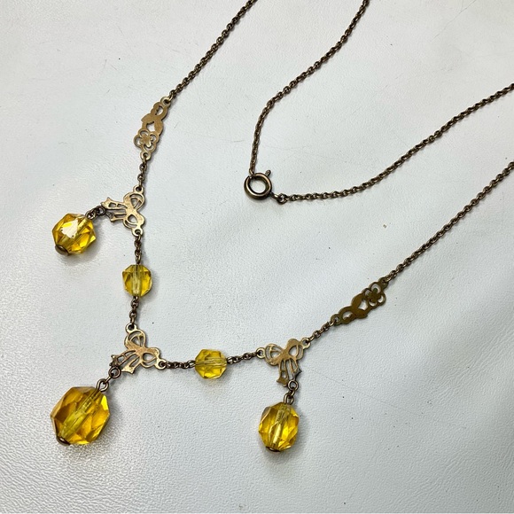 Art Deco Uranium Glass Bows Drops Necklace 20’s/30’s Original Antique - Picture 8 of 10